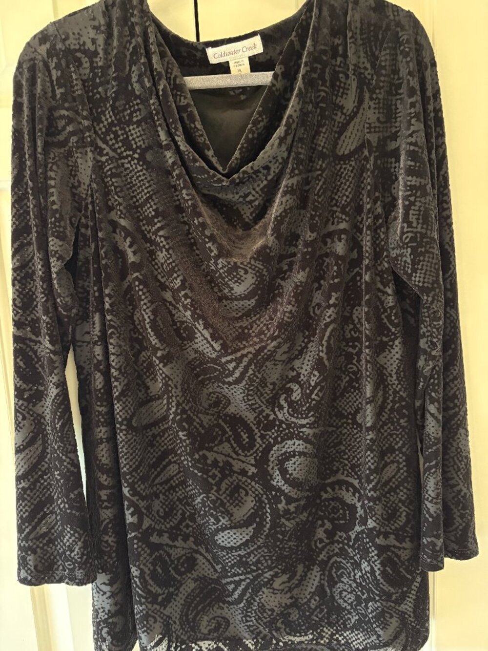 Coldwater Creek Black Burnout Velvet Paisley Draped Neck Top Sz XL